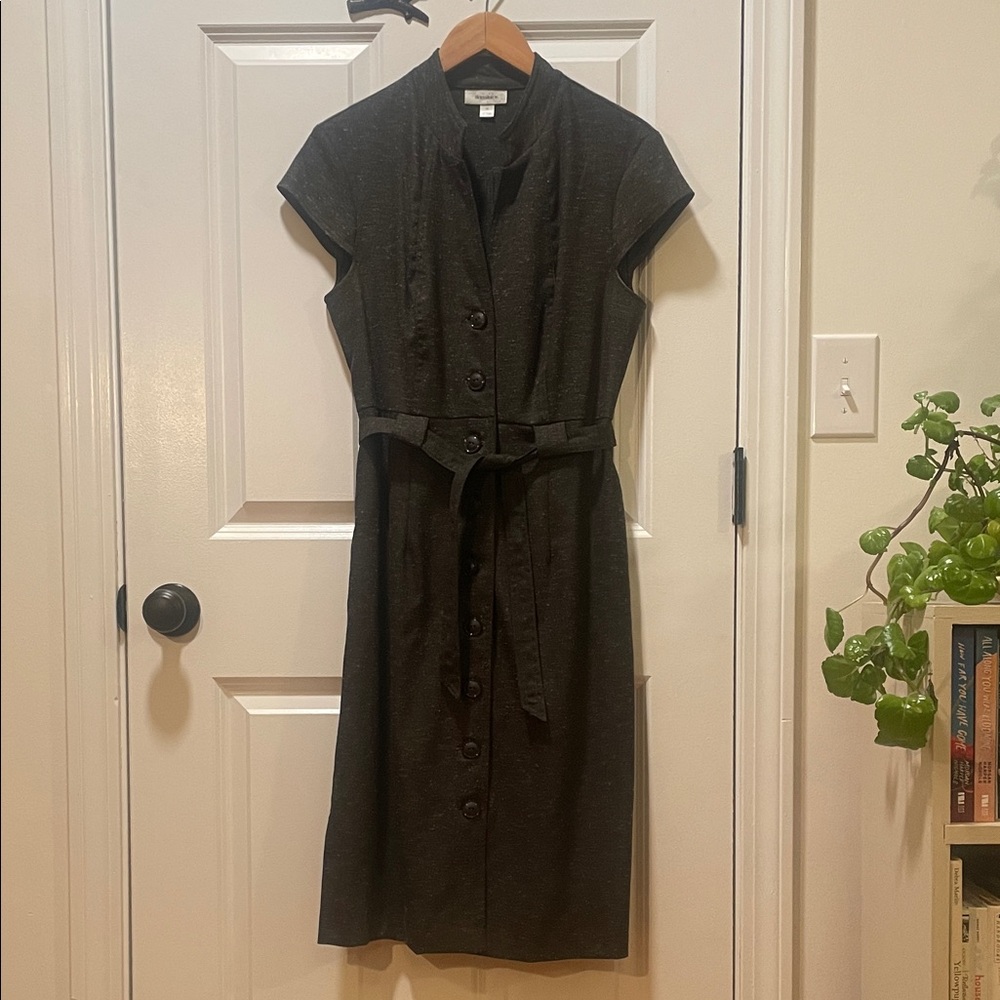 Dressbarn Elegant Black Button-Down Belted Midi Cap Sleeve Dress size 10
